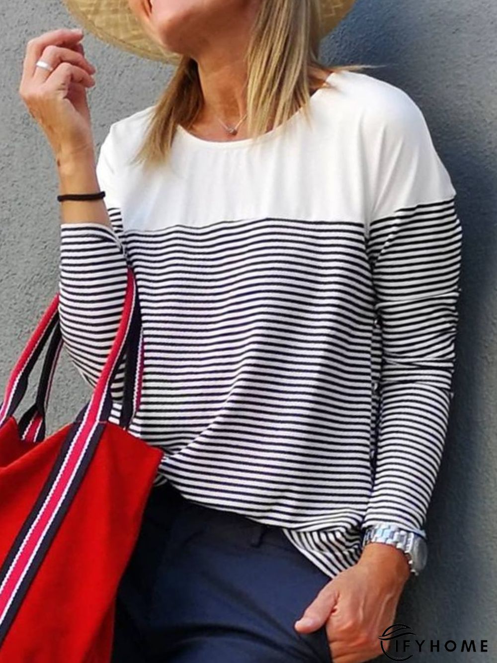 Long Sleeve Casual Round Neck Striped T-shirt | IFYHOME