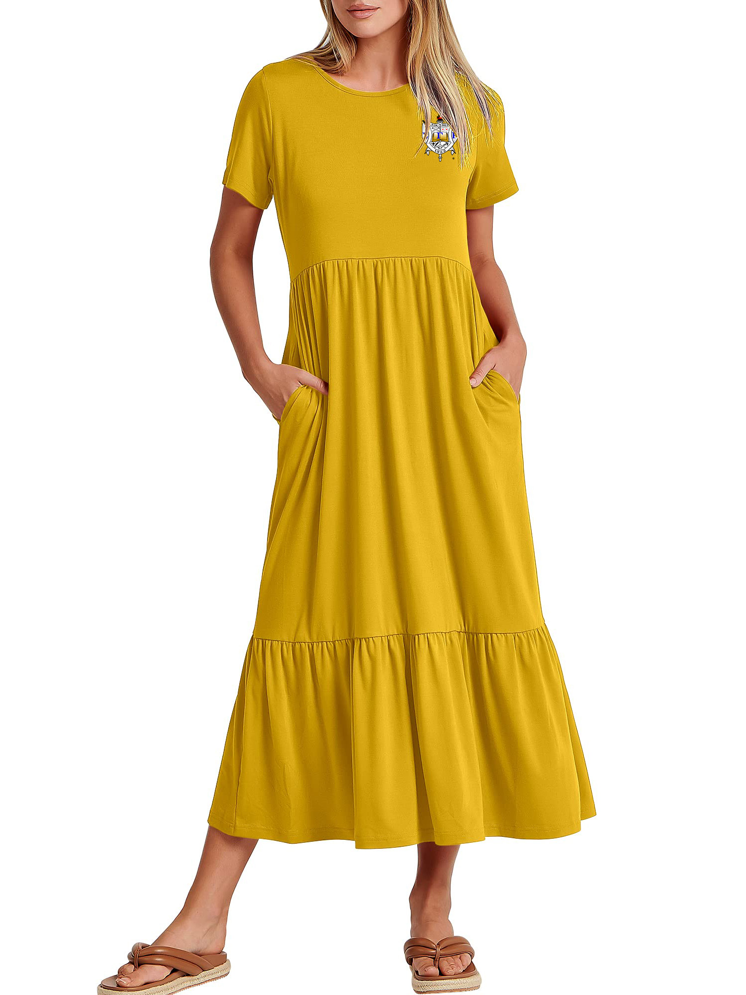 Women's Summer Casual Short Sleeve Crewneck Swing Dress Flowy Tiered Maxi Beach Dress