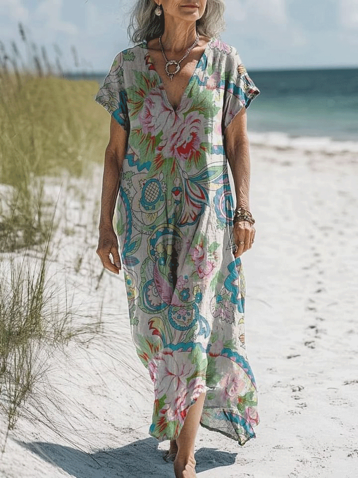 Women's Vintage Flower Art Print Pocket Cotton Dress