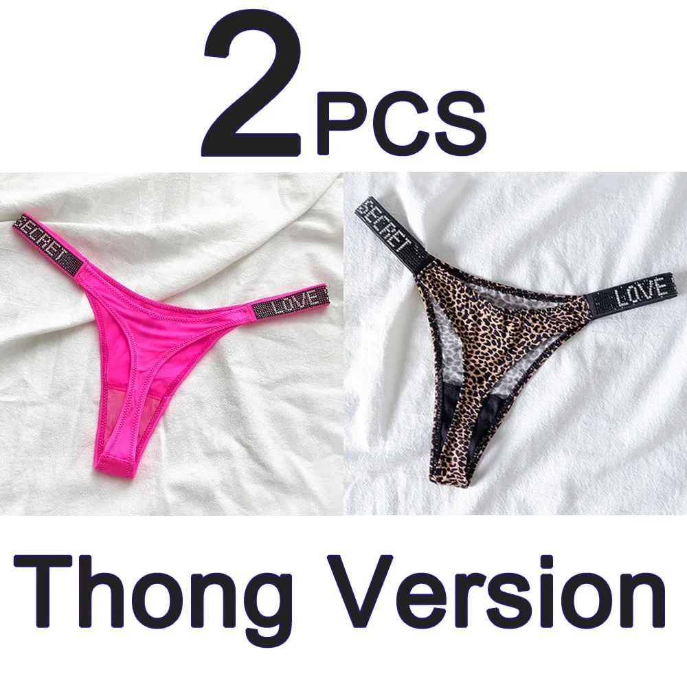 2PCS Sexy Low Waist Panties G String Comfort Satin Underwear Women Rhinestone High Fork Thong Seamless Intimates Lingerie Cotton
