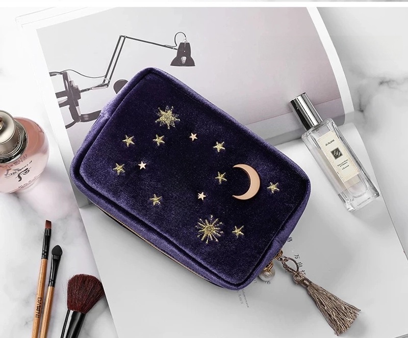 Basic Star Moon Velvet Embroidery Square Makeup Bags