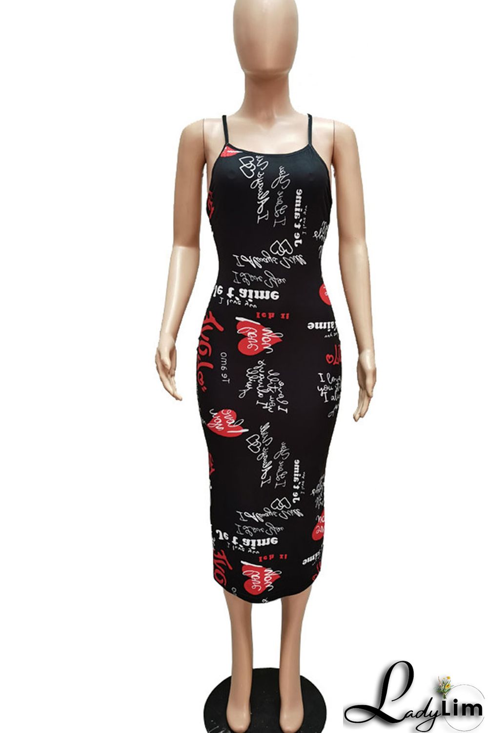 Black Red Sexy Print Split Joint Spaghetti Strap Sling Dress Dresses