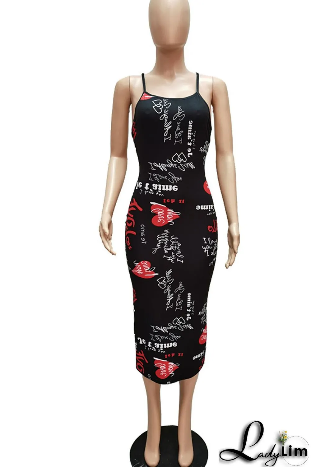 Black Red Sexy Print Split Joint Spaghetti Strap Sling Dress Dresses