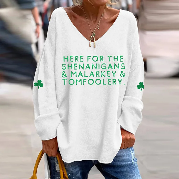VChics Funny St. Patrick'S Day Here For The Shenanigans And Malarkey And Tomfoolery Shamrock Print Casual V-Neck T-Shirt
