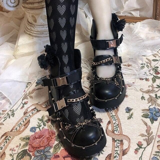 DIY Cosplay Chunky Heel Belt Buckle Metal Chains Gothic Punk Shoes SS0663