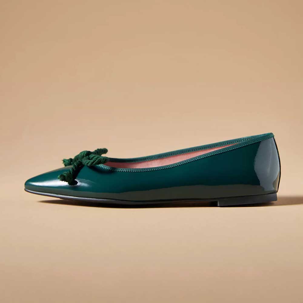 Green Patent Leather Pointed Toe Formal Flats with Bow Nicepairs