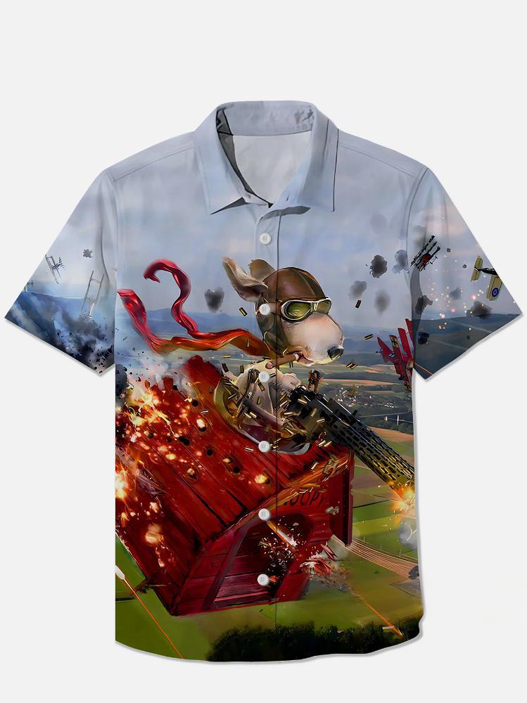 Nostalgic Anime Flying Kennels Printing Breast Pocket Short Sleeve Shirt PLUSCLOTHESMAN
