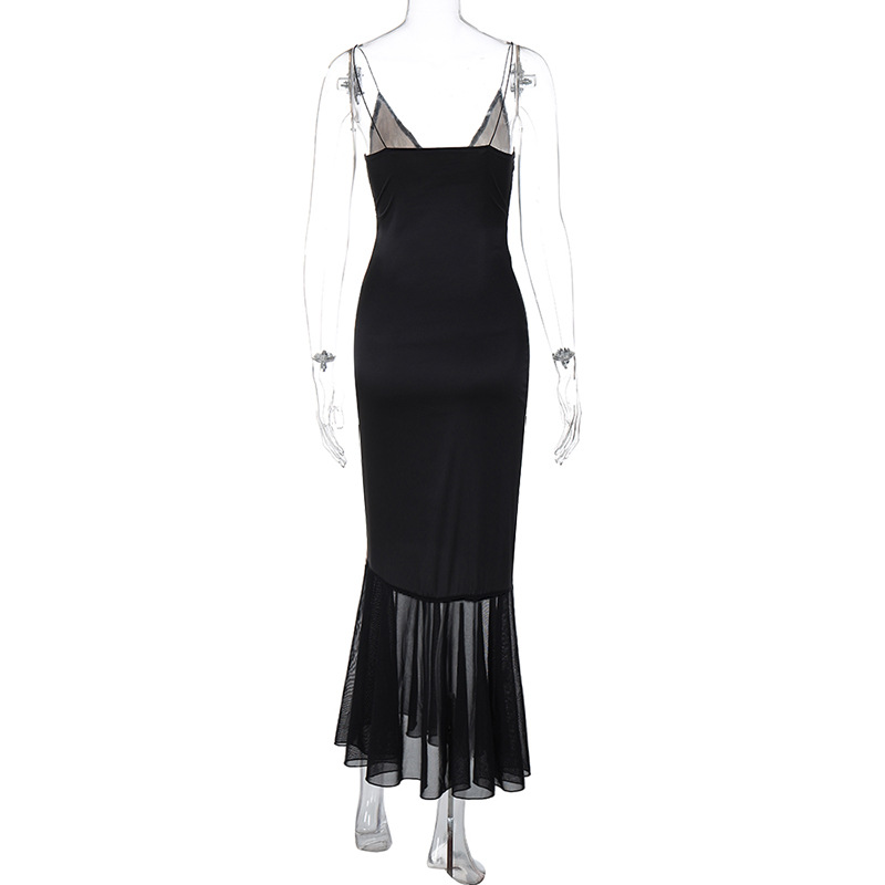 Ootddress Female Mesh Lace Halter Dresses Patchwork Backless Slim Sexy Fashion V-Neck Spaghetti Maxi Dress Women Printed Long Dress