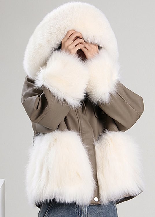 Boho Khaki Hooded Patchwork Faux Leather Coat Winter CK528- Fabulory
