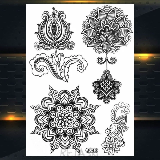 REJASKI Black Henna Lace Temporary Tattoos Sticker For WOmen Butterfly Moth Mehndi Flower Fake Tatoo Sticker Feather Flora Tatoo