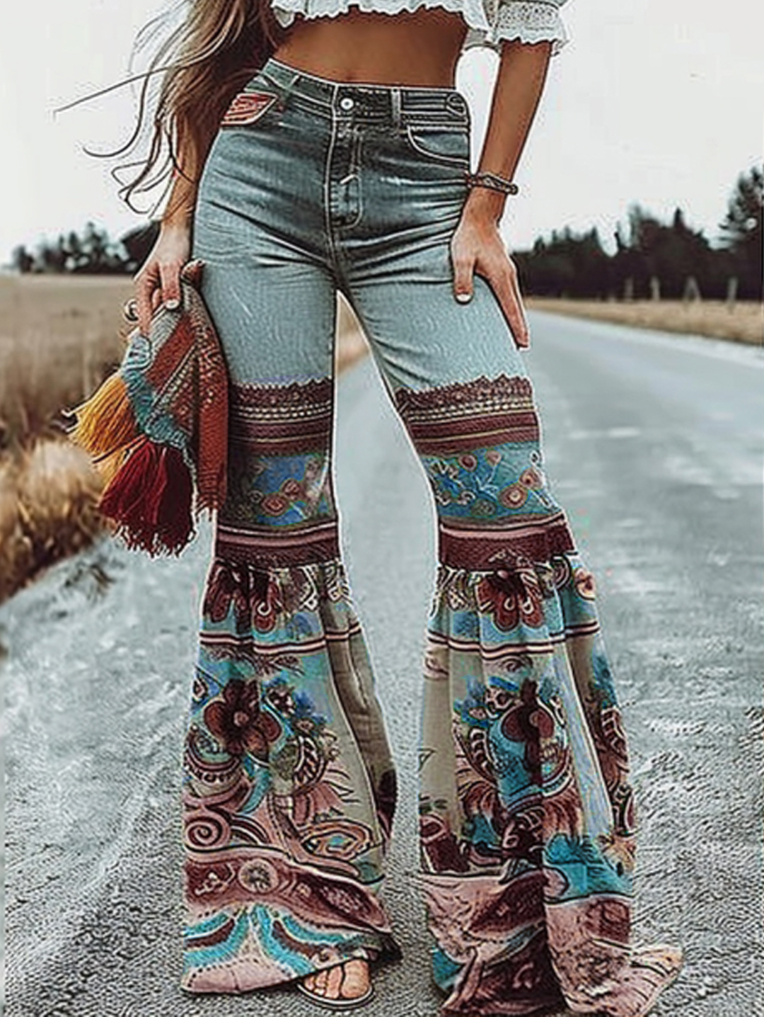 Ursime Boho Floral Print Denim Flare Jeans