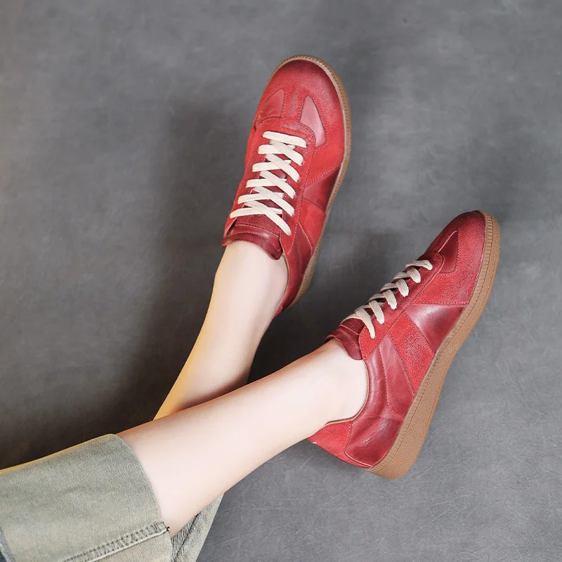 Yyvonne Layer Of Cowhide Leather Hand Retro Training Casual Shoes Spring And Autumn New Round Head Flat Soft Bottom Tie