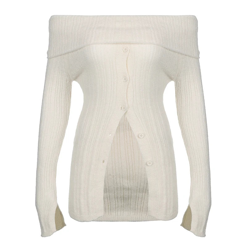 Aiertu Elegant Button Up Split Sweater Full Sleeve Casual Solid Slash Neck Knitted Jumpers for Women Korean Fashion Vintage Y2k Aiertu