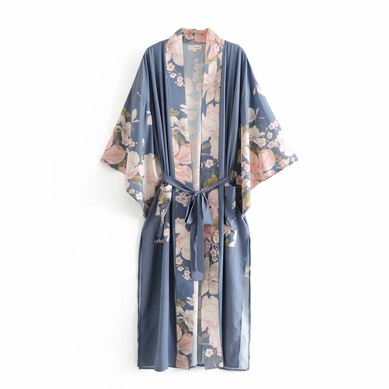 Fitshinling Flare Sleeve Beach Kimono With Sashes Side Split Print Pockets Slim Long Cardigan Holiday Cover-Up Autumn Outing New