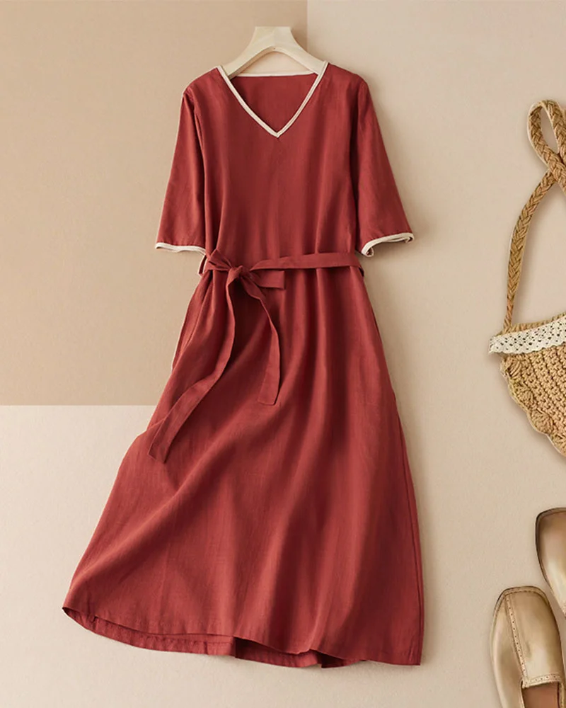 Literary cotton and linen tie dress