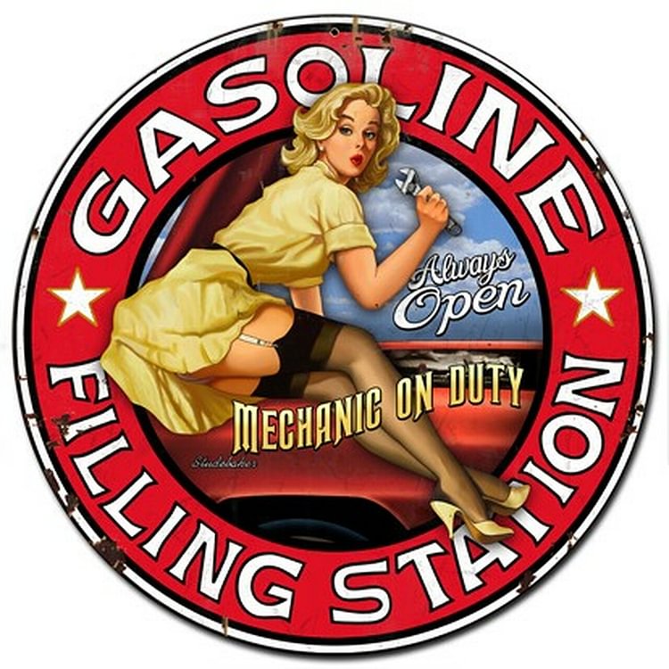 30*30cm - Filling Station Pinup Girl - Round Tin Signs/Wooden Signs