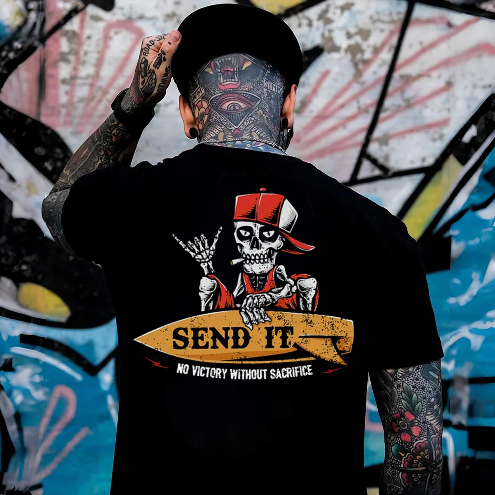SEND IT NO VICTORY SACRIFICE Skeleton Print Men's T-shirt