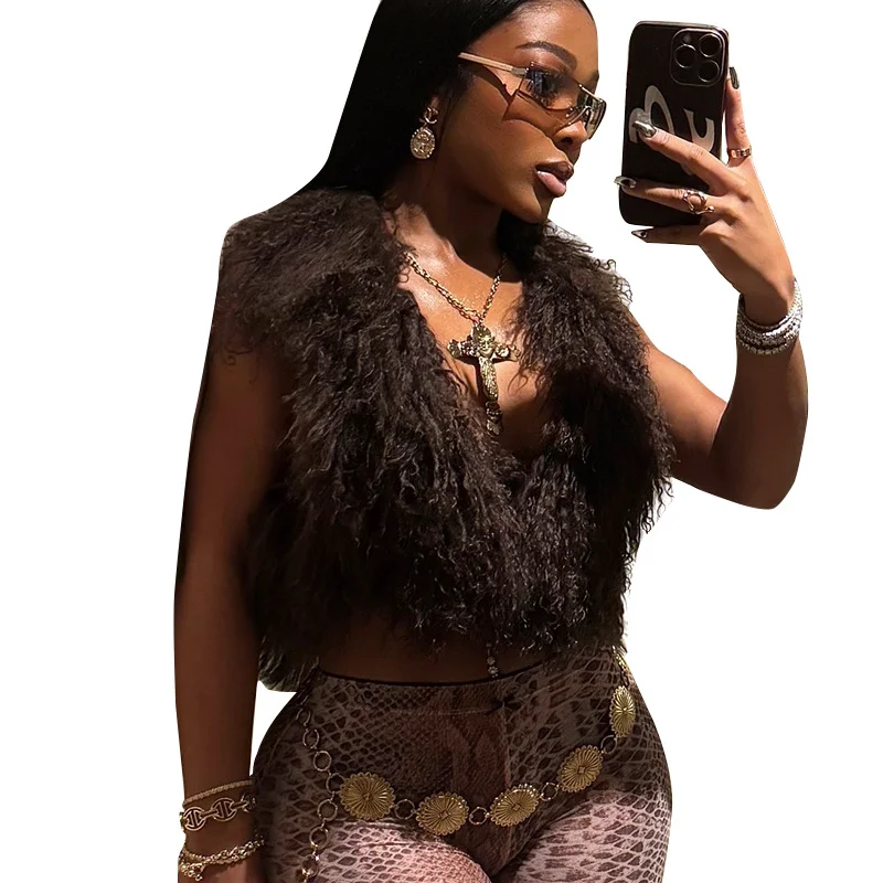 Uveng Uveng Women's Autumn And Winter Hair Hanging Neck Vest Deep V Collar Bare Back Rope Umbilly Blouse T-Shirt