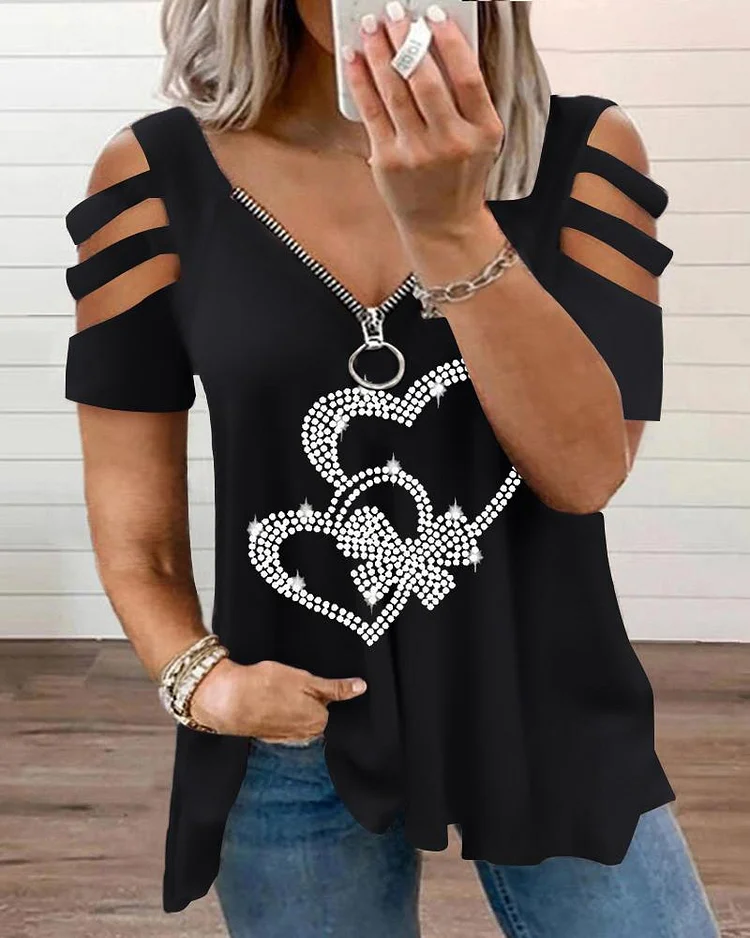 Plus Size Rhinestone Double Heart Bowknot Pattern Zipper Design T-Shirt