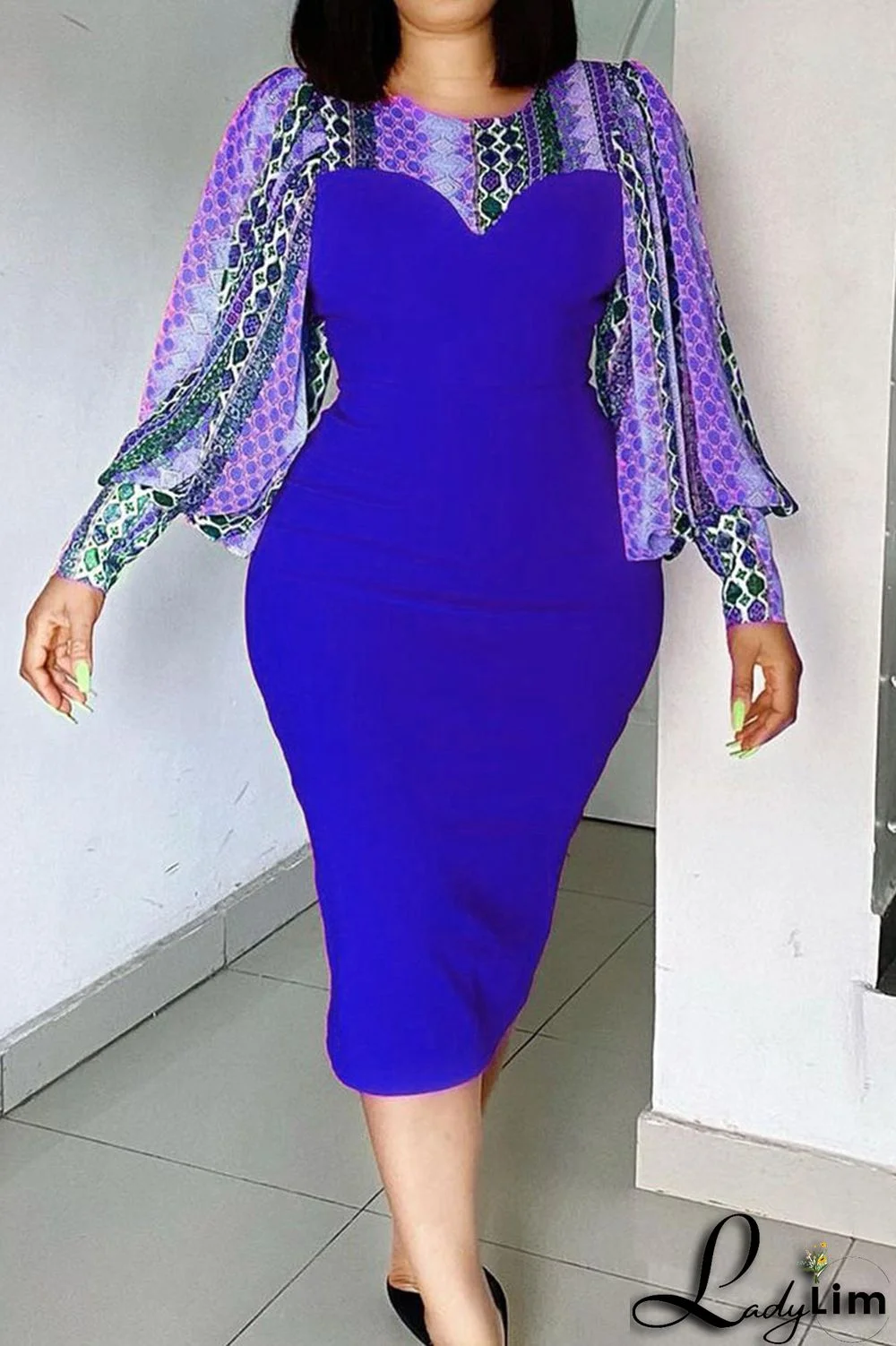 Blue Sexy Print Split Joint O Neck One Step Skirt Dresses