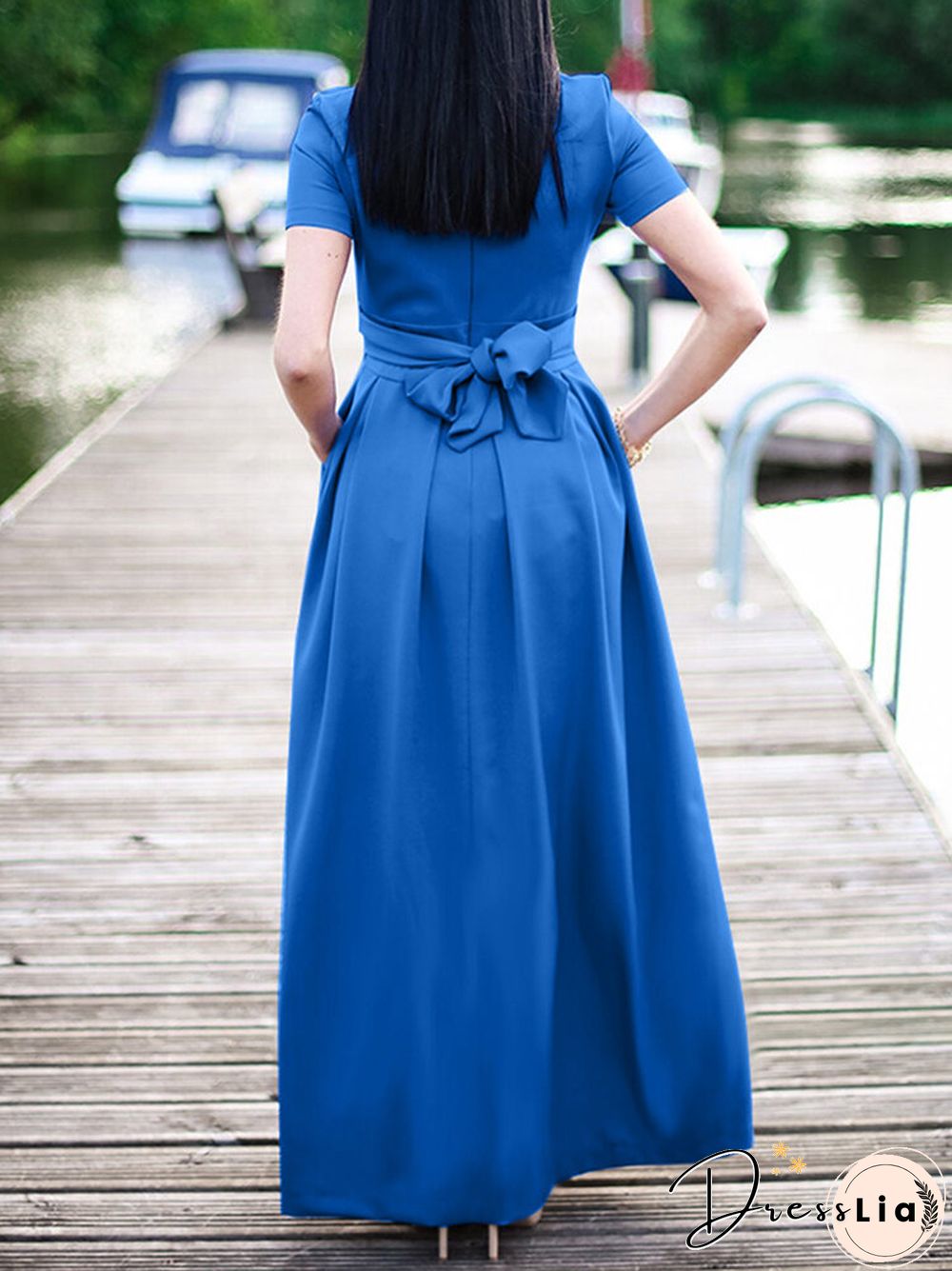 Solid Short Sleeve Pocket Crew Neck Maxi Dress