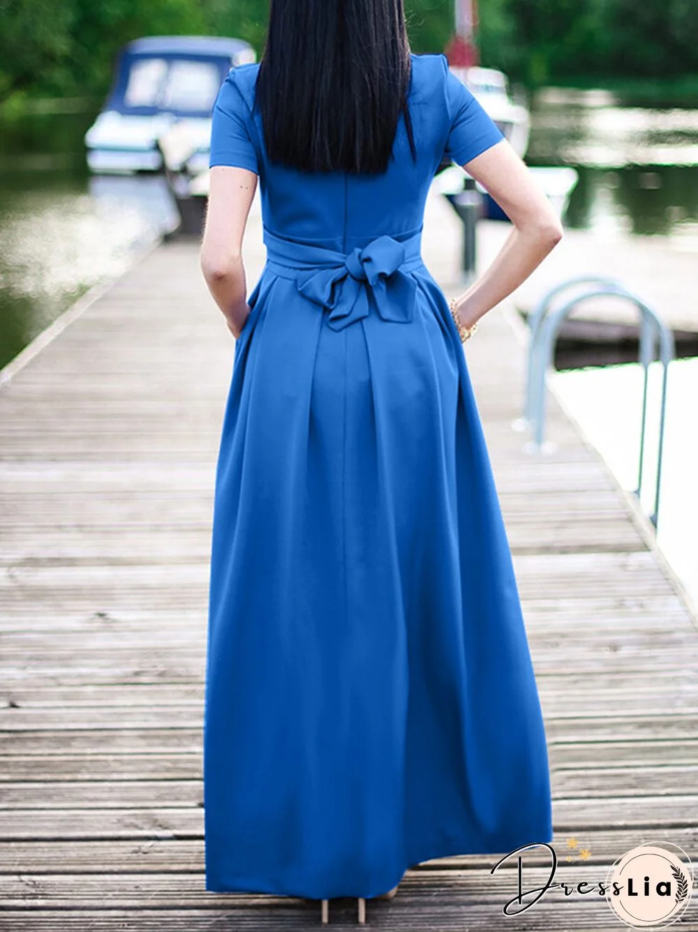 Solid Short Sleeve Pocket Crew Neck Maxi Dress