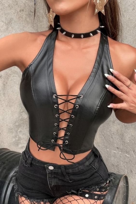 Tight Lace Up Leather Tank Top for Hot Girls