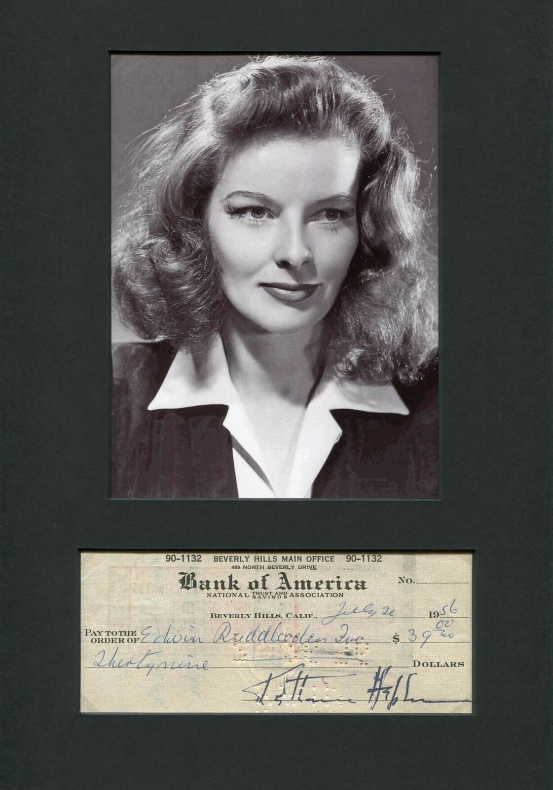 Katharine Hepburn TOP OSCAR autograph, signed check mounted