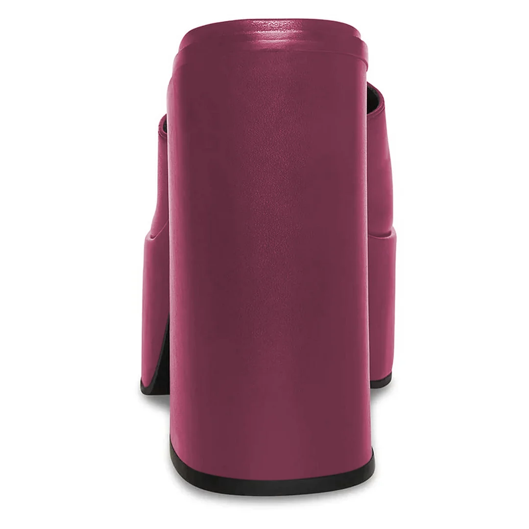 Shiny Vegan Leather Square Toe Wide Band Block Heel Mules in Magenta