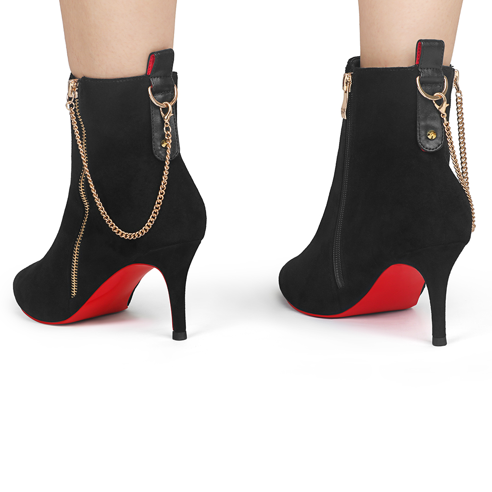 60mm Women's Pointed Toe Metal Chain Kitten Heel Single Strap Red Bottom Booties-vocosishoes