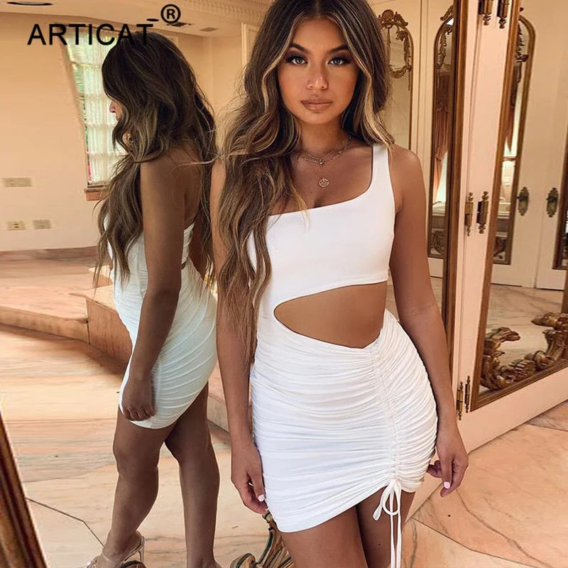 Articat One Shoulder Hollow Out Sexy Summer Dress Women Fold Drawstring Bandage Bodycon Dress Fashion Ruched Mini Party Dresses