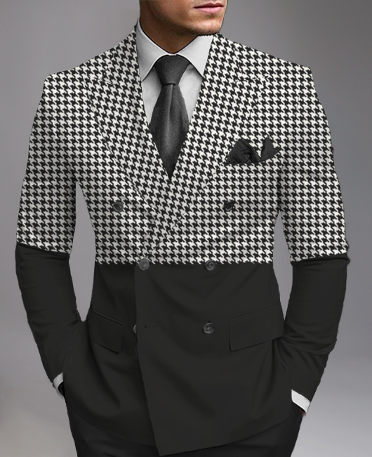 Business Peak Lapel Double Breasted Houndstooth Splicing Chest Pocket Blazer