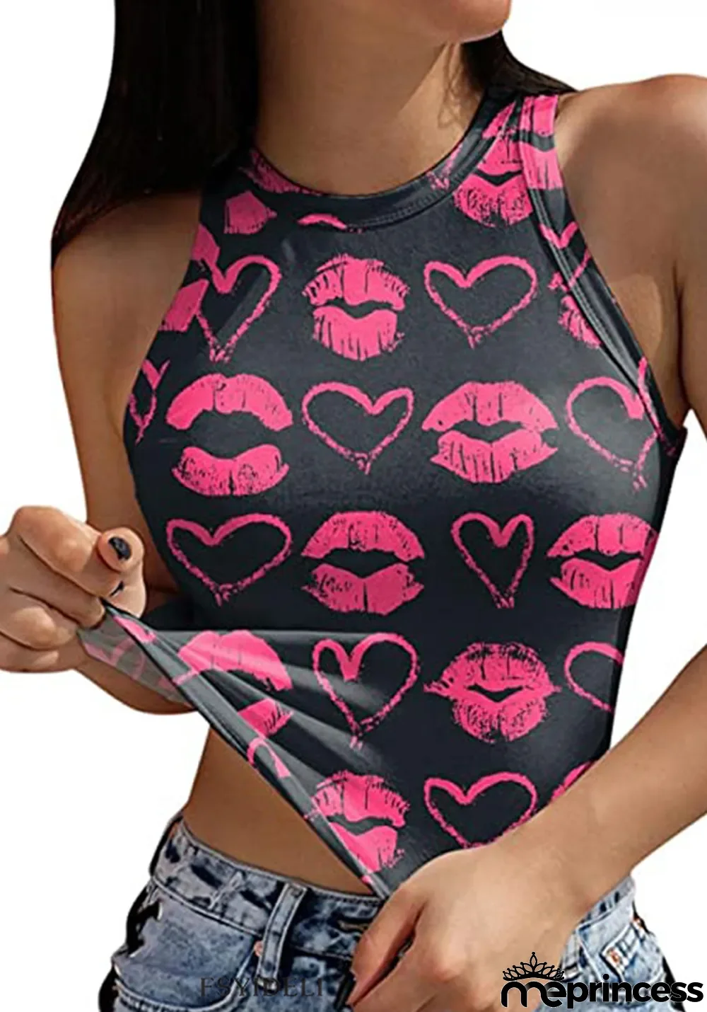 Women Summer Rose O-Neck Hearts Print Short Crop Tank Tops