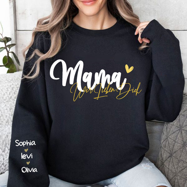 Loveyoufancy Personalized MAMA “We love you” German Sweatshirt with Kids Name on Sleeve-Mother's Day Sale