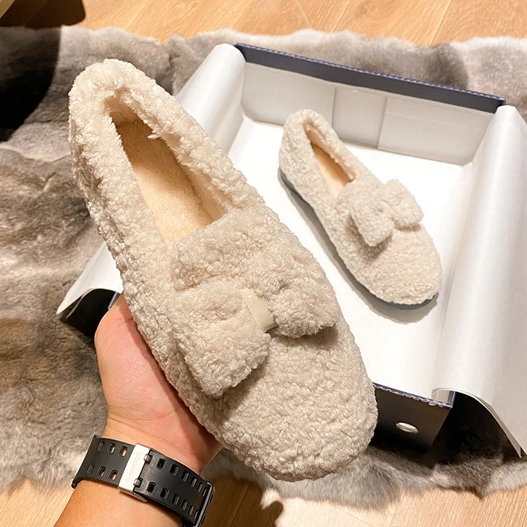 Furry Outer Wearing Flats Loafers Bowknot Decor Backless  Wild Fluffy Flat Mules Warm QueenFunky