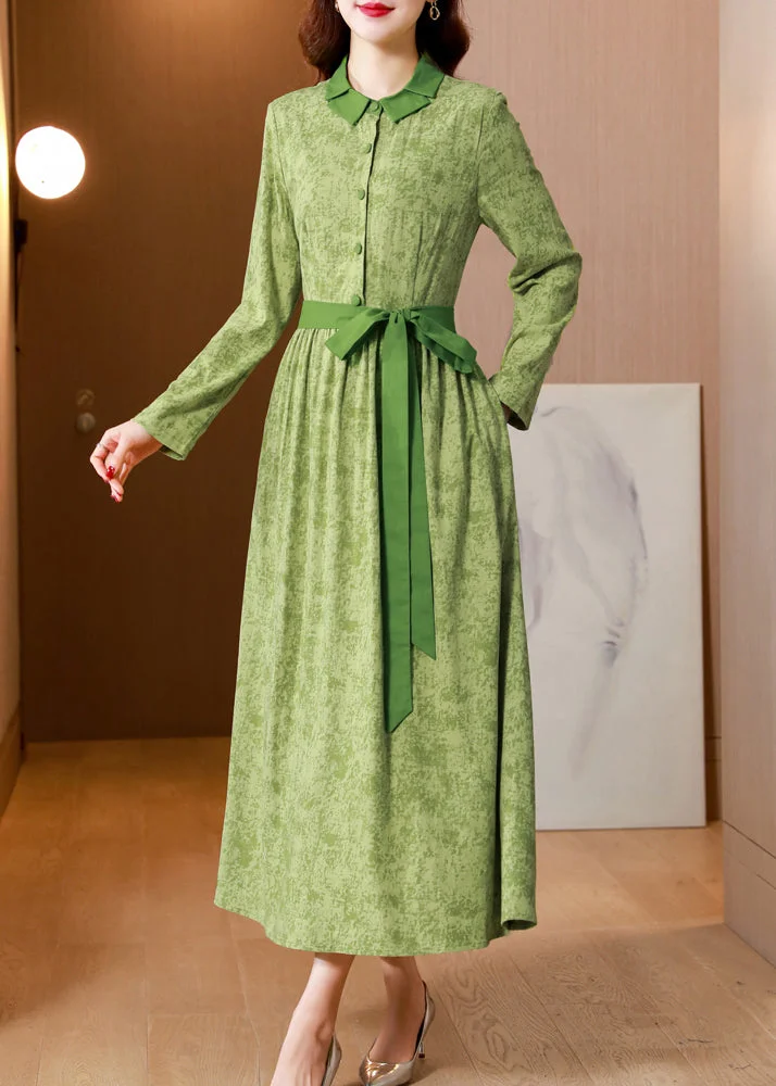 Classy Green Print Tie Waist Patchwork Cotton Long Dress Fall
