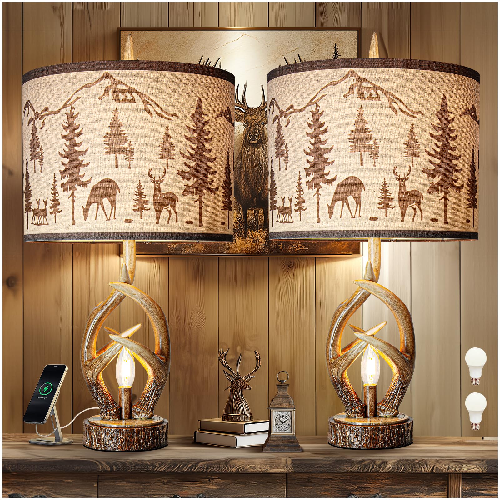 Antlers Style Table Lamp Set of 2 Bedside Lamp