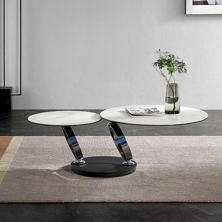 Homemys Modern Coffee Table with 2 Sintered Stone Tops and Dual-circle Stainless Steel Legs