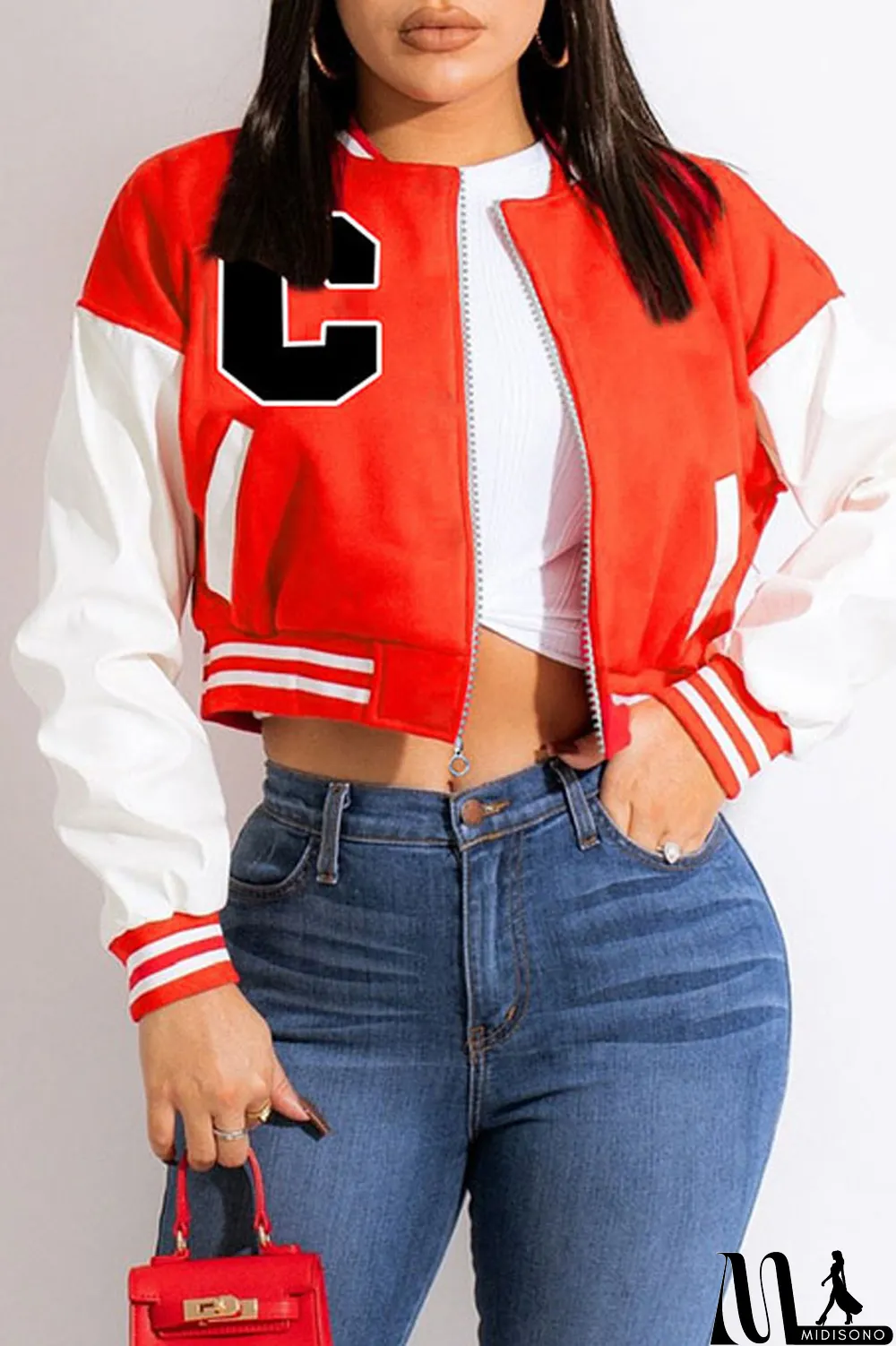 MidiSono - Blue Casual Print Patchwork Zipper Outerwear