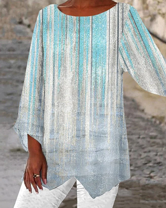 Casual Loose Printed Long Sleeve Round Neck Irregular Top