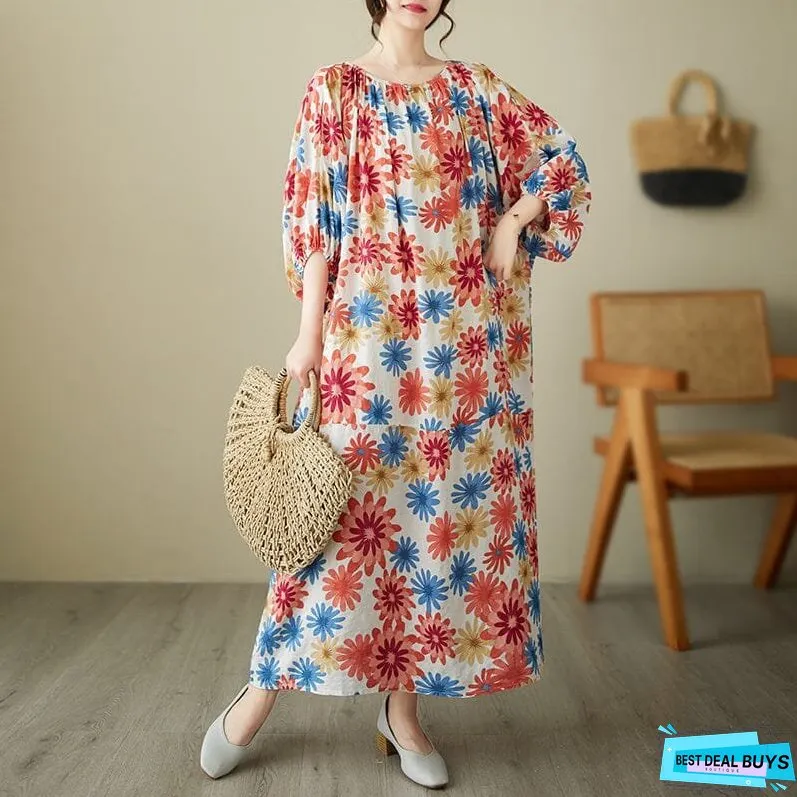 Women Casual Summer Retro Floral Print Dress Half Sleeve