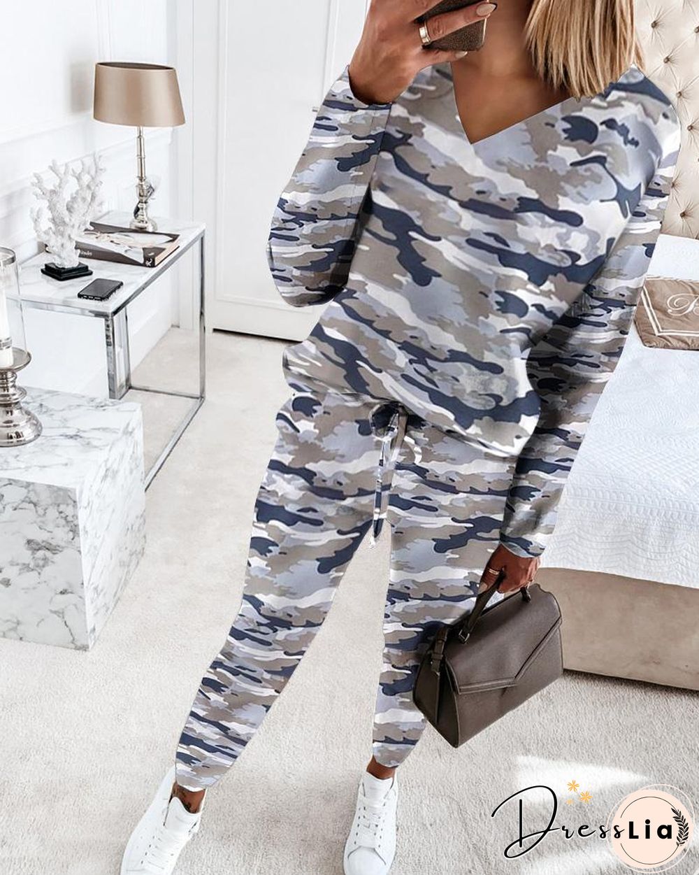 Camouflage Print Long Sleeve Top & Drawstring Waist Pants Set P10439