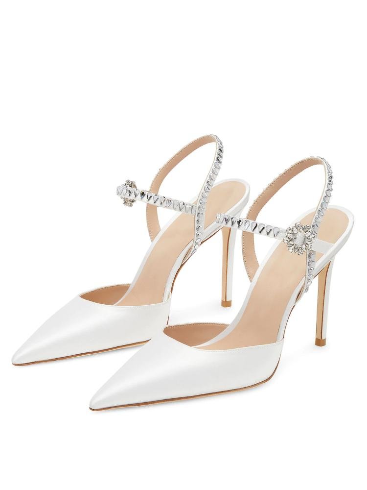 Women White Crystals Stiletto Heeled Pumps Satin Pointed Toe Ankle Strap Pumps