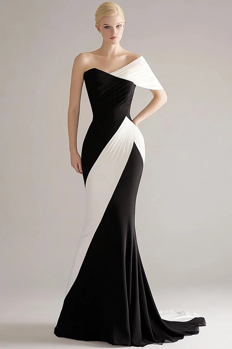 One Shoulder Colorblock Maxi Dress-Black [Custom-Made]