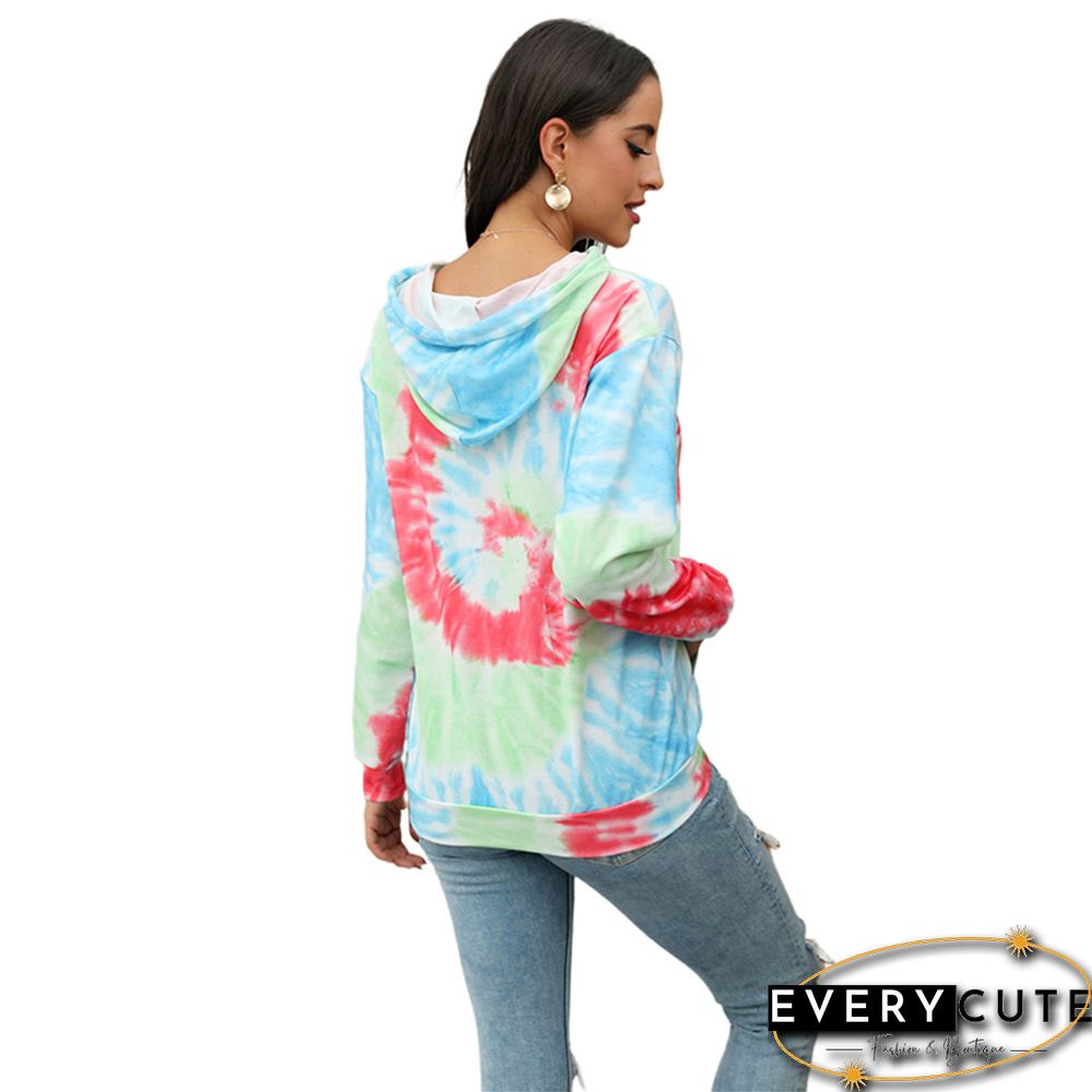 Red Tie Dye Print Long Sleeve Drawstring Hoodie