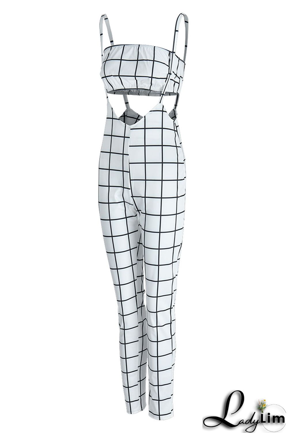 Deep Blue Sexy Plaid Print Split Joint Spaghetti Strap Sleeveless Two Pieces