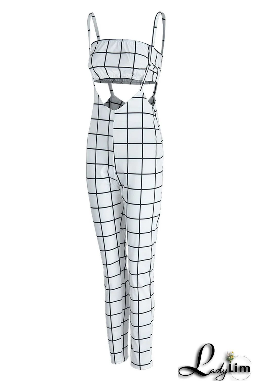 Deep Blue Sexy Plaid Print Split Joint Spaghetti Strap Sleeveless Two Pieces