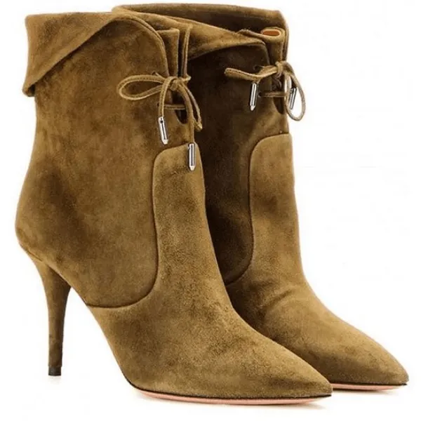 VCSHOES Lace Up High Heel Suede Pointed Toe Calf Boots