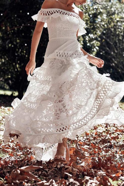 White Off Shoulder Lace Cutout Prom Dress - Life is Beautiful for You - SheChoic