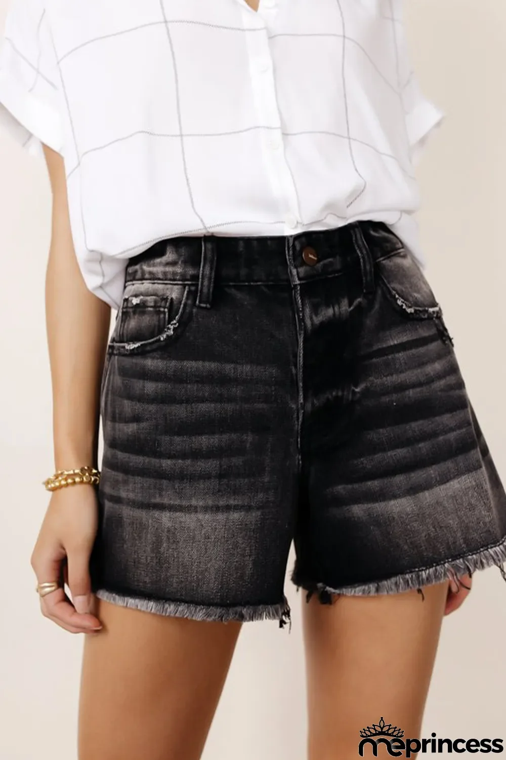 Black Vintage Washed High Waist Frayed Cutoff Denim Shorts